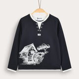 Country Print Long Sleeve Shirt - Navy