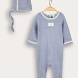 Babygrow with crocheted finishes + hat - blue