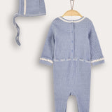 Babygrow with crocheted finishes + hat - blue