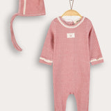 Babygrow with crocheted finishes + hat - red