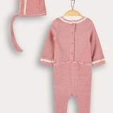Babygrow with crocheted finishes + hat - red