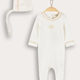 Babygrow with crocheted finishes + hat - beige