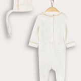 Babygrow with crocheted finishes + hat - beige