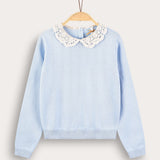 Knitted shirt with crochet collar - light blue