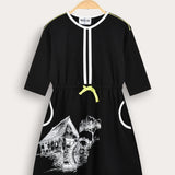 Country print pocket dress - black