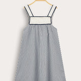 Striped sarafan with straps - Navy