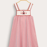 Striped sarafan with straps - pink