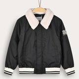 Nylon Bomber with Fur Collar - Black