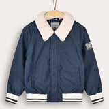 Nylon bomber jacket with fur collar - Blue