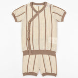 Baby set with eyelet and stripe knitting - beige