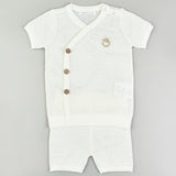 Baby set with eyelet and stripe knitting - beige
