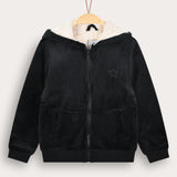 Velvet Hoodie with Fur - Black