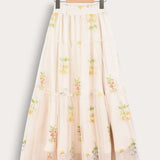 Embroidered Tulle Maxi Skirt - Beige